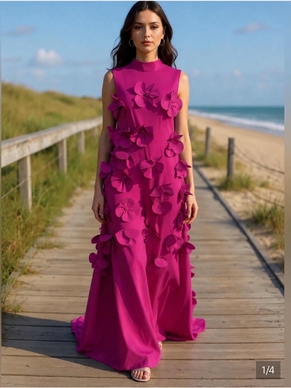 NWT Boutique  Vibrant Raspberry Magenta Sleeveless 3D Floral Appliqués Maxi 14